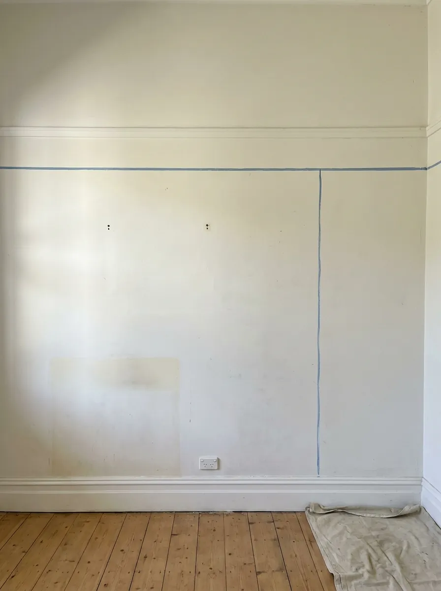 A bare bedroom wall with a chalk line snapped level across it and a plumb line down one side, before anything has been built.