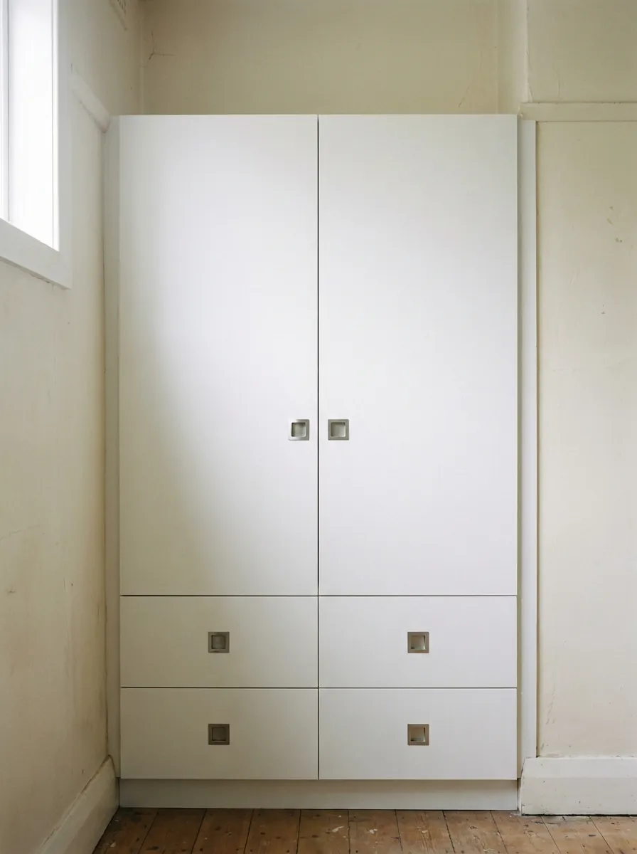 A white two-door built-in robe with four drawers under it, fitted into an old bedroom with a timber floor.