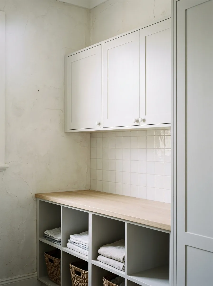 Laundry joinery: overhead cupboards, a timber bench and open cubbies holding folded towels and baskets.