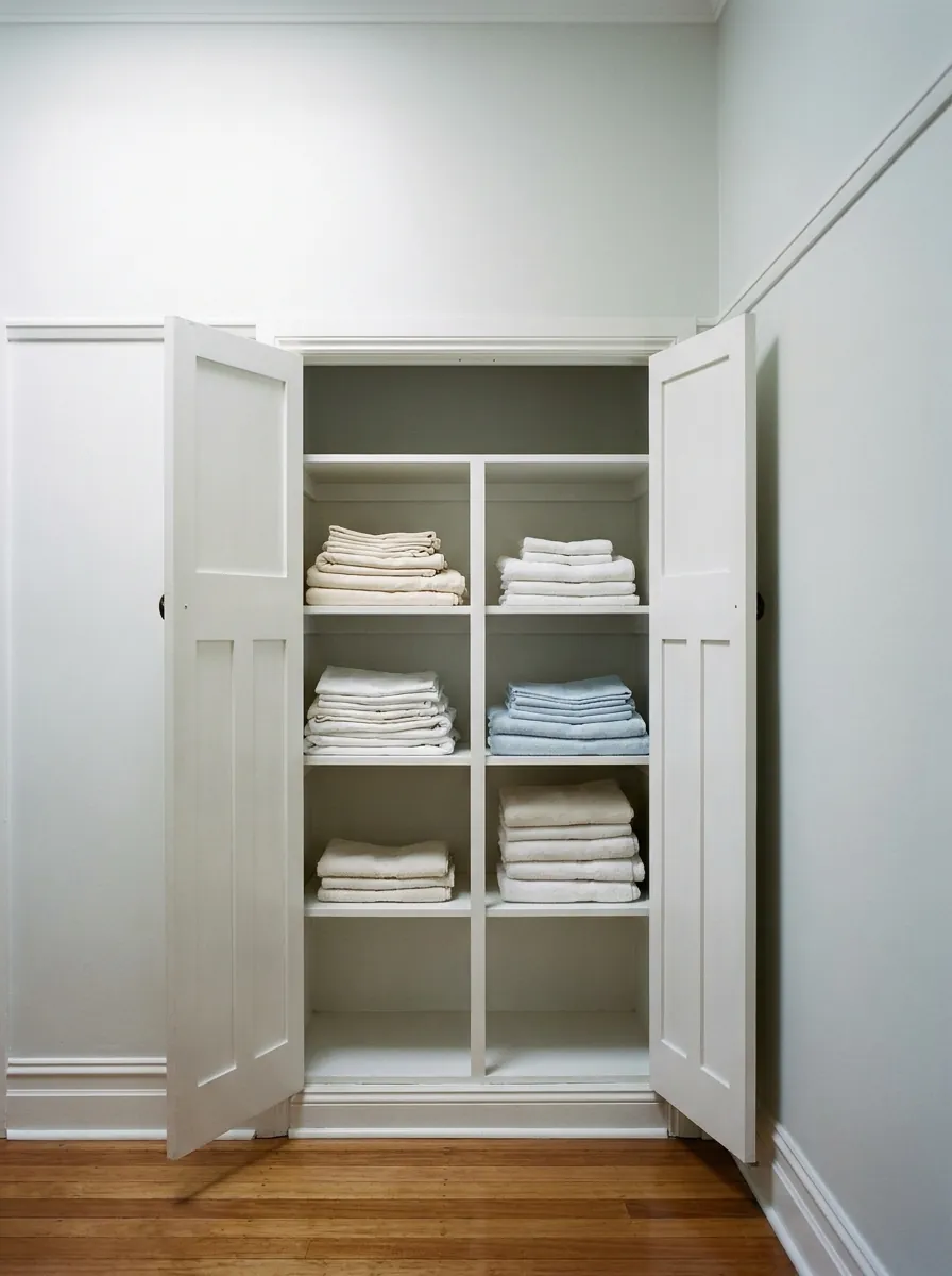 White painted shelving and drawers inside a built-in wardrobe.