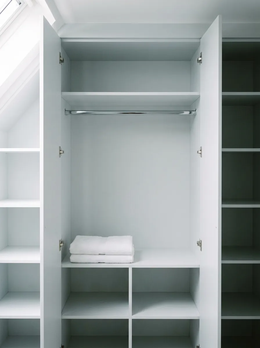 Full-height white built-in wardrobe fitted wall to wall in a bedroom, doors open.