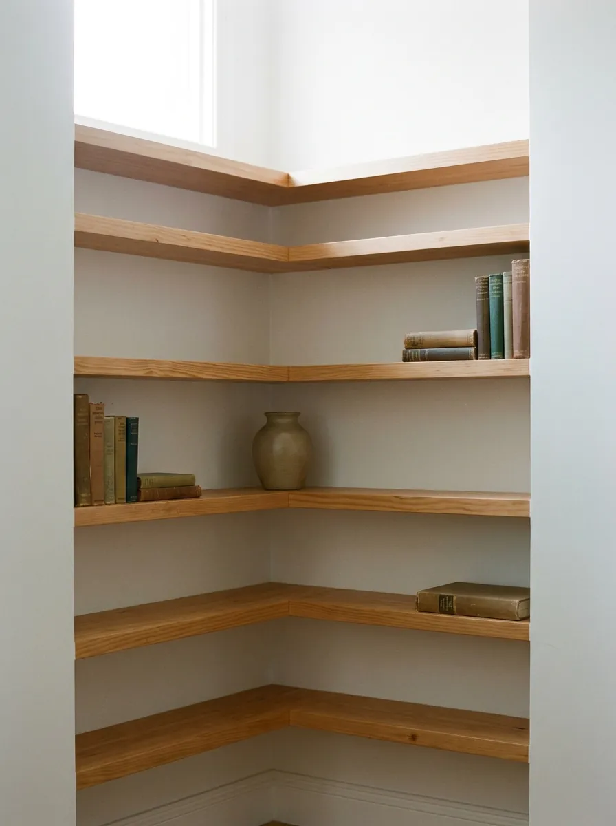 Timber corner shelving fitted into the corner of a room.