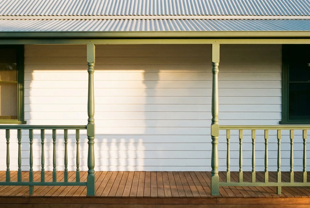 White weatherboard house with a front verandah and turned timber posts.