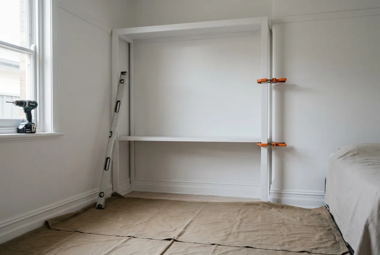 A white cupboard carcass clamped and fixed into the opening, drop sheets over the floor and a drill on the windowsill.