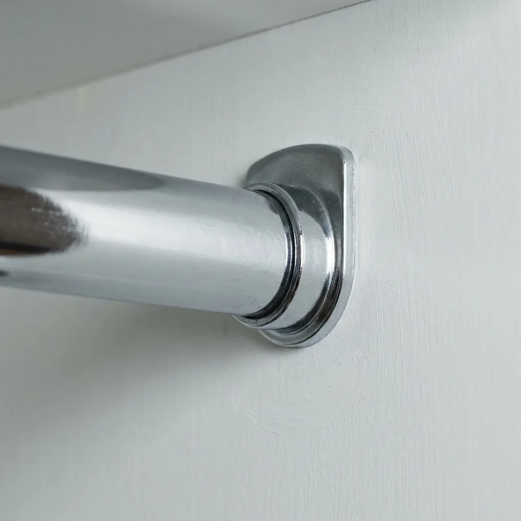 Close view of a chrome hanging rail fixed inside a white painted wardrobe.