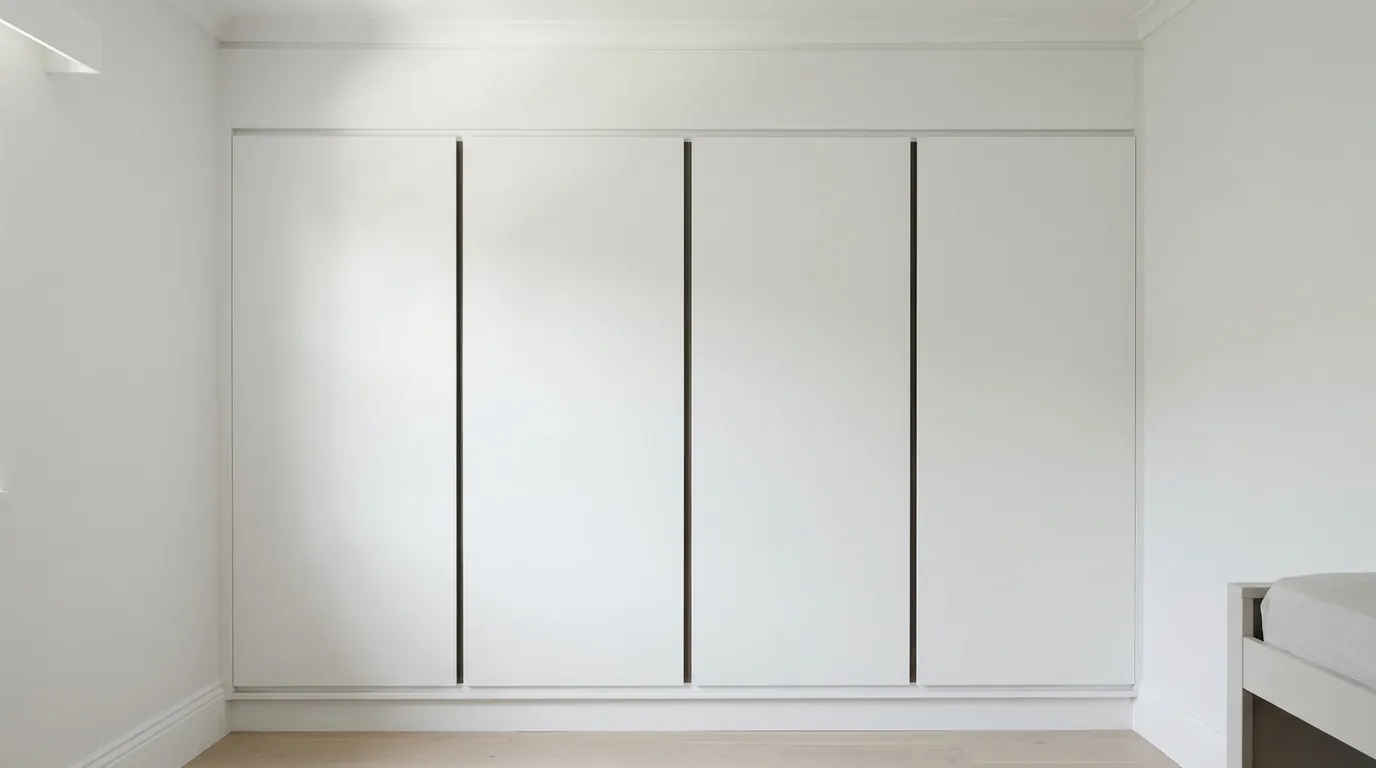A wall of white built-in wardrobe doors, shut, with the shadow line running plumb between each door.