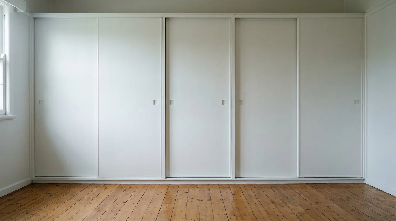A wall of white sliding wardrobe doors running wall to wall in a bedroom, window light coming across them and a timber floor in front.