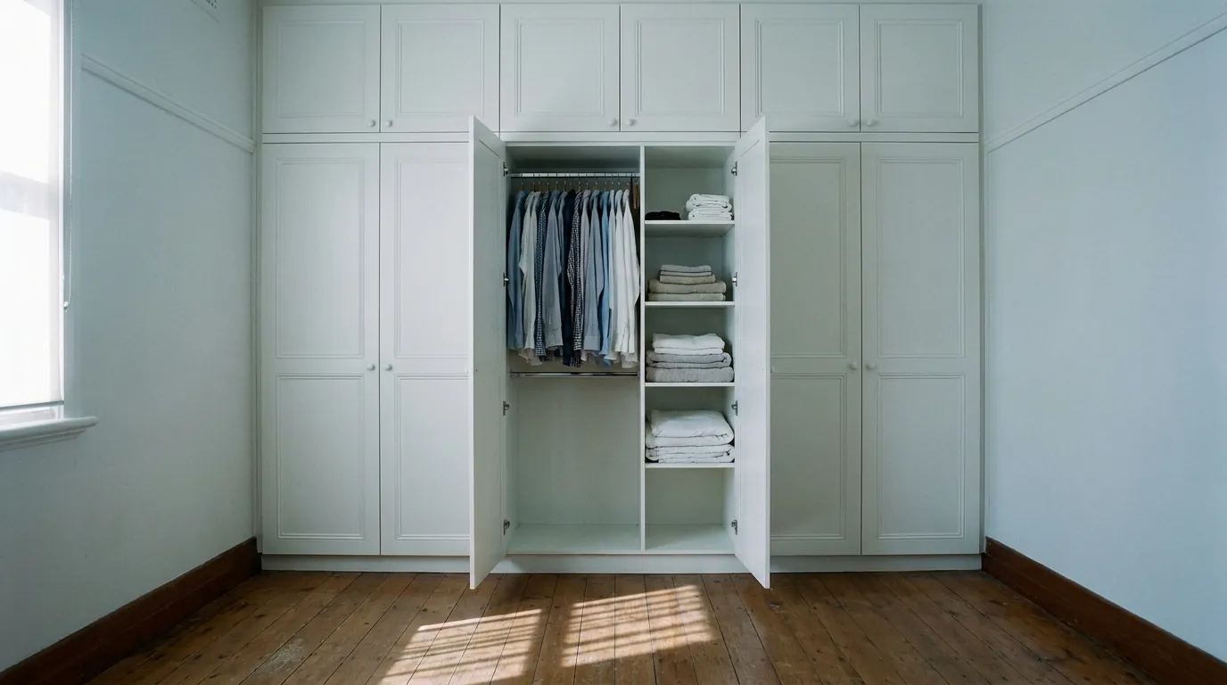 A built-in wardrobe with two hinged doors open, shirts hanging on the rail and folded linen stacked on the shelves beside them.