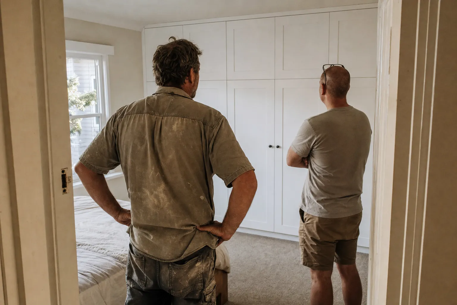A carpenter and a homeowner standing in a bedroom doorway talking over a half-finished built-in wardrobe.