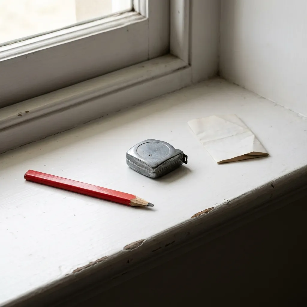 A carpenter's pencil, a tape measure and a folded note left on a painted windowsill.