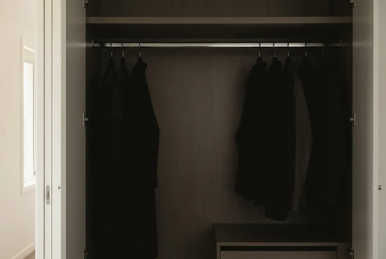 The inside of a robe with the door open, coats hanging from the chrome rail and a drawer bank underneath.