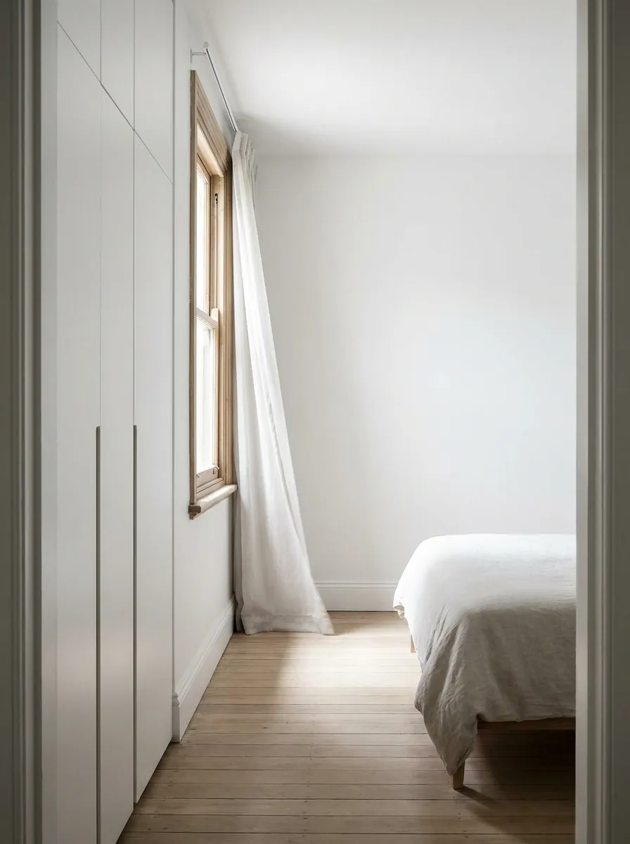 A finished bedroom with the robe doors shut, the floor swept and the bed made.